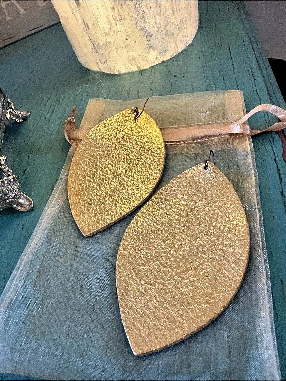 Textured Leather Gold Statement Earrings -  from Eleven10Leather - 3”  inches